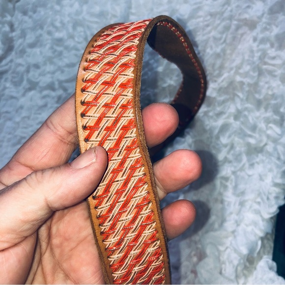 Vintage belt woven like orange and white design- silver gold horse belt buckle - Picture 5 of 9